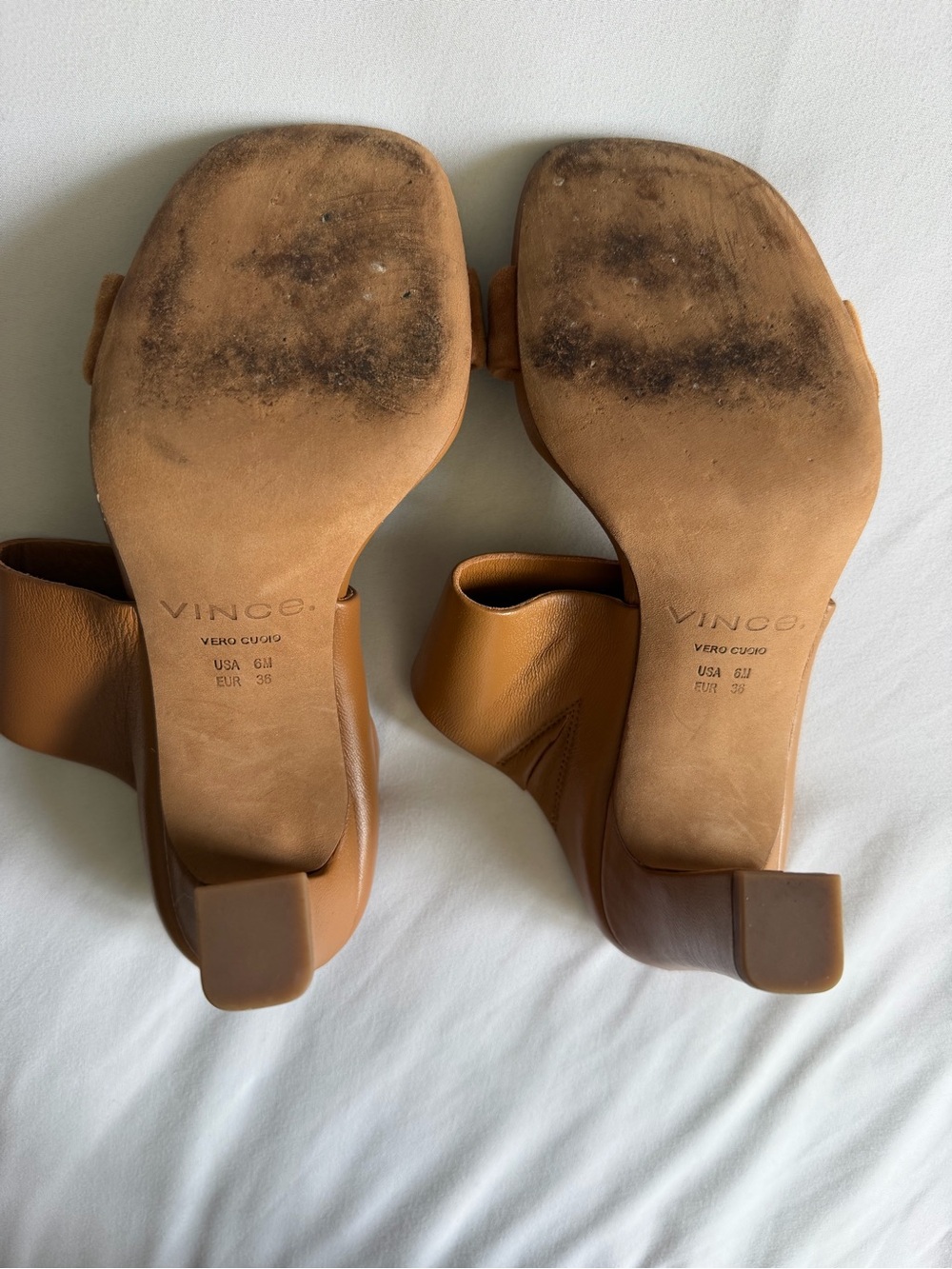 Vince "Quinn" Brown Tan Suede Leather High Block Heel Mule Sandals - Picture 14 of 15